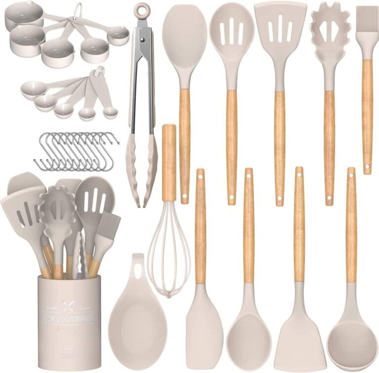 Umite Chef – 24 Pcs Silicone Kitchen Utensils Set Non-Stick with Stand, Wooden Handle, Heat Resistant, BPA Free Khaki 24pcs