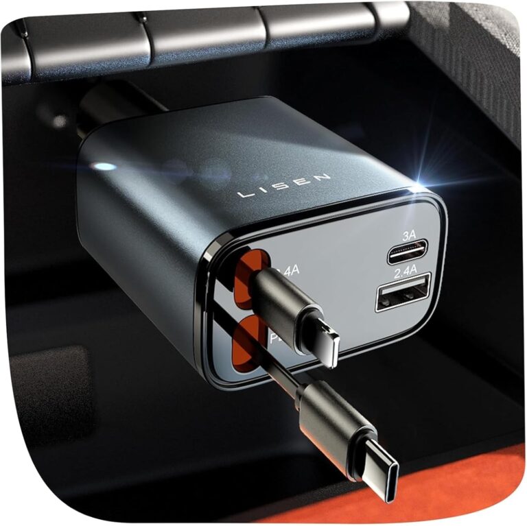 LISEN 4 in One Retractable iPhone Car Charger Cigarette Lighter Adapter [69W], Fast Charge USB C Car Charger Adapter with Retractable Cord Cable, Car Organization for iPhone 15 Pro Max Plus