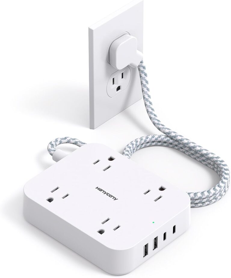 HANYCONY Flat Plug Extension Cord, 5ft Power Strip with 4 USB Ports(2 USB C), 4 Widely Outlets Extender, Wall Mount, HN43T